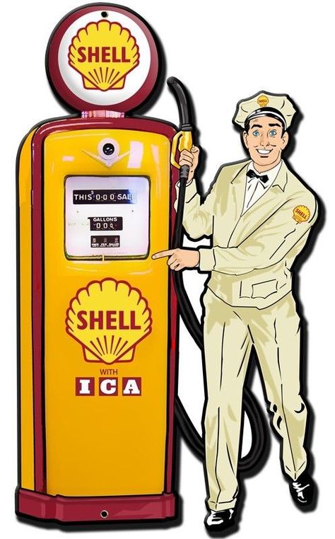 Gas Station Attendant, Shell Gas Station, Old Gas Pumps, Vintage Gas Pumps, Pompe A Essence, Old Gas Stations, Gas Pump, Petrol Station, Garage Art