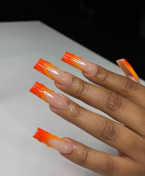 Orange And Red Acrylic Nails, Orange Red Acrylic Nails, Medium Orange Nails, Sunset Inspired Nails, Long Orange Acrylic Nails, Orange Airbrush Nails, Pretty Orange Nails, Orange And Red Nails, Hot Orange Nails