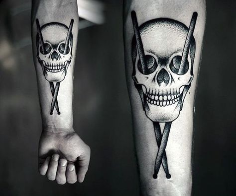 Amazing Skull With Drum Sticks Dotwork Male Tattoo On Inner Forearm Drum Stick Tattoo, Drums Tattoo, Drum Tattoos, Drummer Tattoo, Drum Tattoo, Stick Tattoo, Drum Sticks, Arrow Tattoos, Music Tattoo