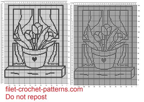 curtain filet crochet pattern vase of tulips on window Vase Of Tulips, Free Filet Crochet Patterns, Filet Crochet Patterns, Crochet Curtains, Curtain Patterns, Filet Crochet, Pattern Download, Crochet Projects, Google Chat