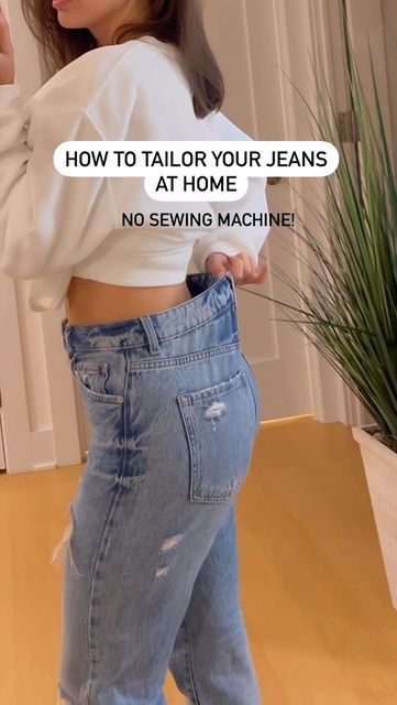 Taking Jeans In At The Waist, Alter Waistband Of Jeans, Diy Tailor Jeans, Jeans Too Big In Waist Hacks, How To Fix Jean Waist Gap, How To Tighten Waist On Jeans, Make Jeans Smaller Waist, How To Alter Jeans Waist, Jean Alterations Diy