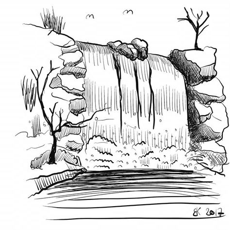 Sketch 0037 - Brian Kristensens blog Draw A Waterfall, Waterfall Sketch, 3d Drawing Techniques, Waterfall Drawing, Ink Drawing Techniques, Drawing Realistic, Landscape Sketch, 3d Drawings, Landscape Drawings