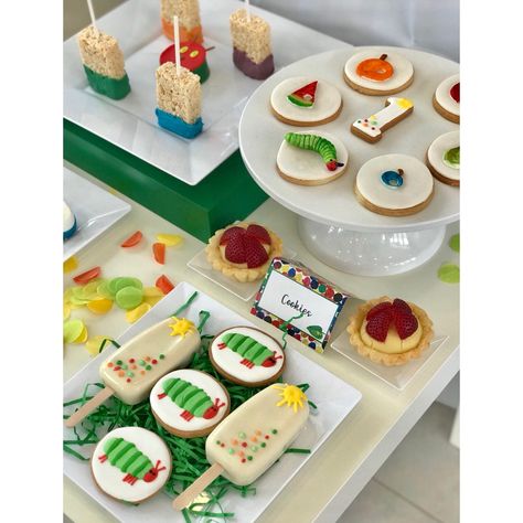 Hungry Caterpillar Treats, Hungry Caterpillar Cookies, Caterpillar Cookies, The Very Hungry Caterpillar Birthday, Character Themes, Chocolate Kiss Cookies, Very Hungry Caterpillar Birthday, Caterpillar Birthday, Caterpillar Party