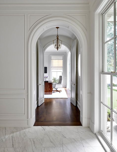 Wainscoting in Home Hallway + Arched Doorway + Marble Flooring + Dark Stained Wood Floors + Large Window + Office Space + Workspace + Wood Paneling | Jenkins Interiors Boston House, Foyer Decorating, Home Modern, Marble Floor, Classic Interior, Wainscoting, Chic Home, Bedroom Inspo, House Inspo