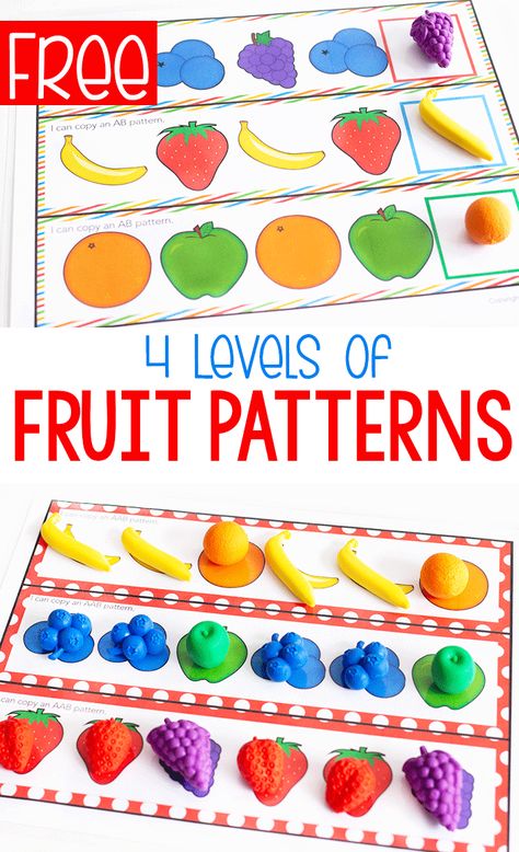 Free printable fruit themed pattern activities for preschool, kindergarten and 1st grade. Use fruit math counters to make patterns for AB, ABB, AAB, and ABC. Four levels of differentiation make this a HUGE freebie! #mathcenters #freeprintable #preschool #kindergarten #math #patternactivities #lifeovercs Ab Pattern Worksheet, Math Counters, Preschool Patterns, Ab Patterns, Math Patterns, Pattern Worksheet, Pattern Activities, Food Activities, Activities For Preschool