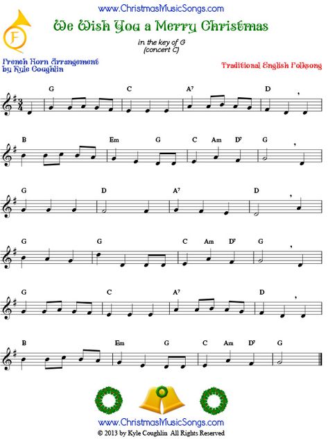 The Christmas carol We Wish You a Merry Christmas, arranged for French horn to play along with other wind, brass, and string instruments. Alto Saxophone Music, French Horn Music, Recorder Sheet Music, The Christmas Carol, Alto Saxophone Sheet Music, Trombone Sheet Music, Xmas Music, Cello Sheet Music, Saxophone Music