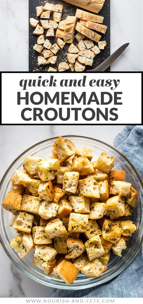 Learn how to make homemade croutons that are crunchy, flavorful, and so much better than anything store-bought. These are perfect for using in salads, soups, stuffing, and more! Crouton Recipe, Crouton Recipes, Diy Easy Recipes, Croutons Homemade, Stale Bread, Food Stamps, Healthy Salad, Bread Machine, Croutons