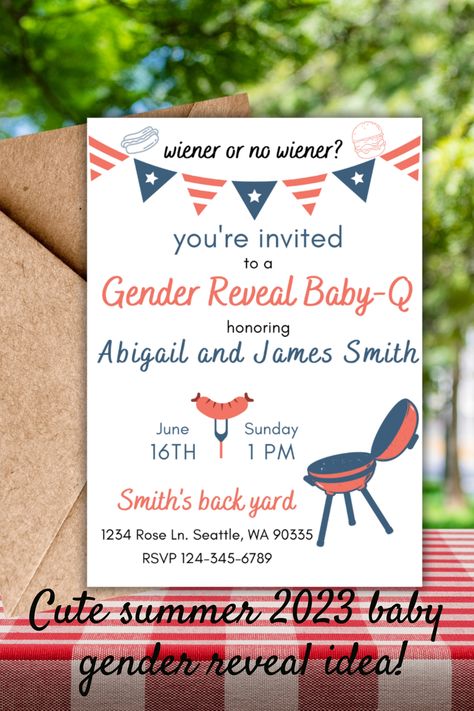 It's Baby-Q gender reveal time! This bbq gender reveal invitation is a perfect "he or she / boy or girl / wiener or no wiener" shower invitation template for your summer backyard picnic barbecue! The grill elements and pink or blue colors are perfect for your baby q gender reveal party! The bbq theme is adorable on this easy-to-use baby shower invitation Canva template. This can be used as a digital invite/evite or social media announcement. Baby Q Gender Reveal Ideas, Baby Que Gender Reveal, Bbq Gender Reveal Ideas For Party, Gender Reveal Cookout, Summer Gender Reveal Themes, Bbq Gender Reveal Ideas, Babyque Gender Reveal, Baby Q Gender Reveal, Baby Bbq Gender Reveal