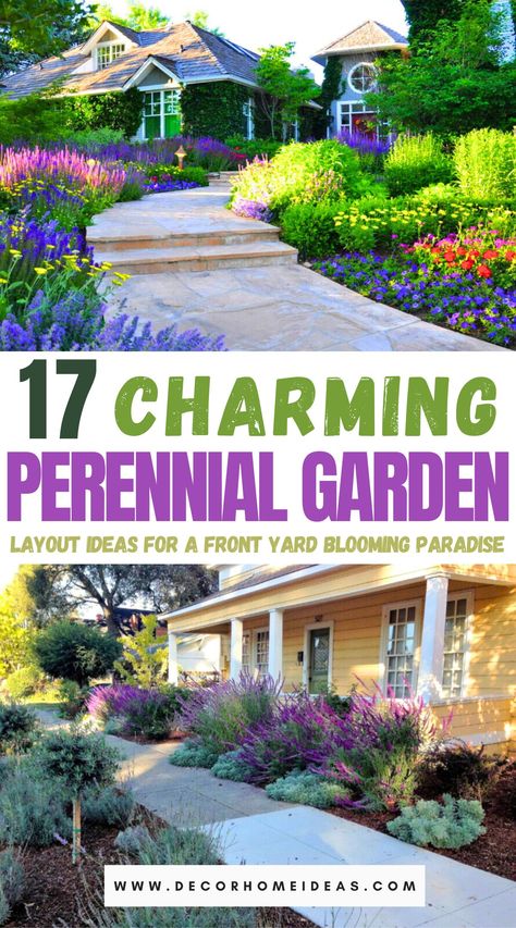 Year Round Color Landscaping, Colorful Perennial Garden, Perennial Garden Design Layout, Front Yard Flower Garden Ideas, Front Yard Landscaping Layout, Front Yard Landscaping Design Layout Curb Appeal, All Year Round Plants Front Yards, Year Round Plants Front Yards, Front Garden Layout