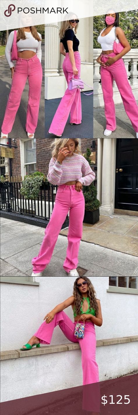 ZARA WIDE LEG SOLID PINK COLOR FULL LENGTH JEANS Zara Pink Jeans Outfit, Pink Mom Jeans Outfit, Hot Pink Wide Leg Pants Outfit, Pink Wide Leg Jeans Outfit, Hot Pink Jeans Outfit, Pink Wide Leg Pants Outfit, Hot Pink Pants Outfit, Zara Pink Pants, Zara Pink Jeans