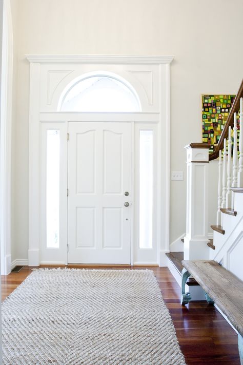 Tiekbuilthomes: beef up the moldings around doorways Window Above Entry Door, Entry Door Trim Ideas Interior, Window Above Door Entryway, Front Door With Half Moon Window, Arched Window Trim, House Molding, Window Trim Ideas Interior, Doorway Trim, Trim Profiles