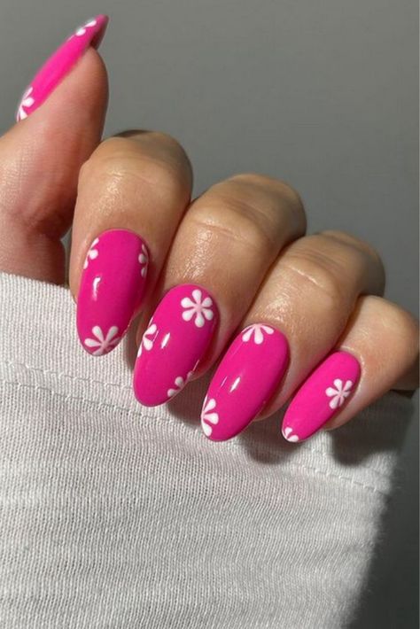 30 Cute Summer Nails For 2024 - Girl In Cali Hot Pink With Flower Nails, Pink Flamingo Nail Art, Hot Pink Daisy Nails, Bright Pink Nail Art, Flamingo Pink Nails, Hot Pink Nail Art Designs, Bright Pink Nail Ideas, Hot Pink Nails With Flowers, Claire Nails