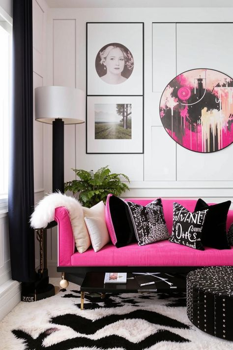 Elevate your living space with a bold and chic black and white palette accented by pops of pink. Explore inspiring design ideas for furniture, artwork, and accessories that create a stylish and inviting atmosphere. Furniture Artwork, Ideas For Furniture, Black And White Living Room Decor, Black And White Palette, White Palette, Modern Monochrome, White Living, White Living Room, Decor Black