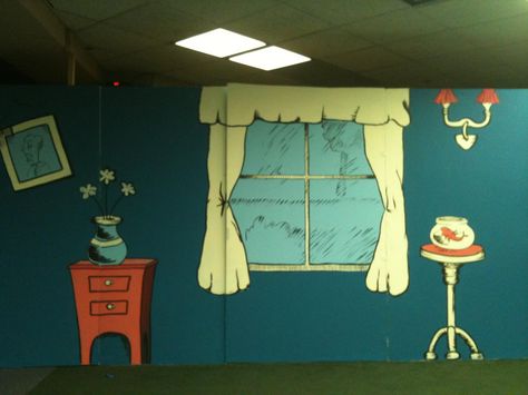 Cool idea of using the pictures from Dr. Seuss books as the set design. Dr Seuss Mural, Set Painting, Dr Seuss Books, Dr Seuss, Set Design, Mural, Paintings, Books, Wall