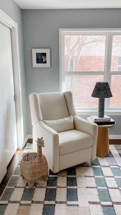 Glider in corner by window and closet for a modern nursery design. Paired with a side table and basket book storage for reading. Baby Boy Nursey, Nursery Room Colors, Neutral Boy Nursery, Boys Room Colors, Light Blue Nursery, Boy Nursery Design, Modern Boy Nursery, Baby Blue Nursery, Nursery Guest Room