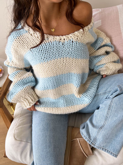 NEW | Delvey Light Blue Striped Chunky Knit Sweater Stripe Knit Sweater, Prom Midi Dress, White Linen Pants, Chunky Knit Sweater, Beginning Boutique, Fall Fits, Winter Fits, Crop Top Sweater, Junior Outfits