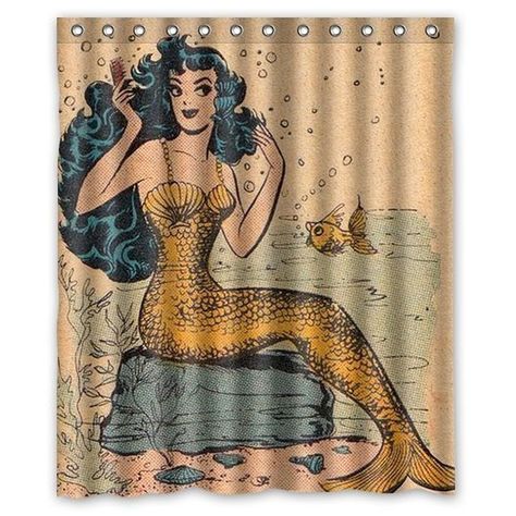 Vintage Mermaid Art, Kids Bathroom Shower Curtain, Nautical Shower Curtain, Pin Up Mermaid, Mermaid Shower Curtain, Girls Shower Curtain, Kids Bathroom Accessories, Mermaid Bathroom, Art Shower Curtain