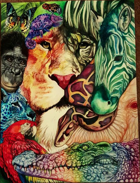 Wild animal jungle/safari painting/drawing Jungle Safari Painting, Jungle Safari Drawing, Wild Life Animals Drawing, Animal Composition Painting, Wild Animals Drawing Sketch, Save Wildlife Poster Painting, Safari Paintings, Safari Painting, African Animal Art