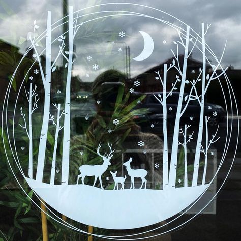 Window Place, Christmas Window Painting, Window Mural, Christmas Window Stickers, Plant Window, Christmas Window Display, Scandinavian Nursery, Stag Deer, Winter Window