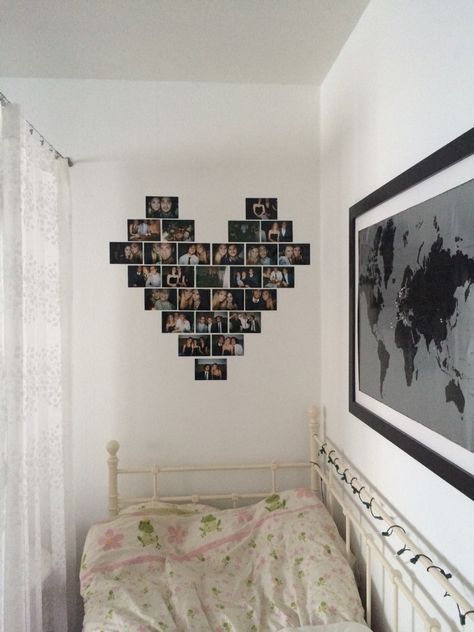 Bedroom Wall Photos Aesthetic, Picture Collage Wall Ideas Bedrooms, Friend Picture Wall Ideas, Heart Made Out Of Pictures On Wall, Aesthetic Picture Wall Bedroom, How To Stick Pictures On Wall, Memory Wall Bedroom, Heart Out Of Pictures, Photo Wall Friends