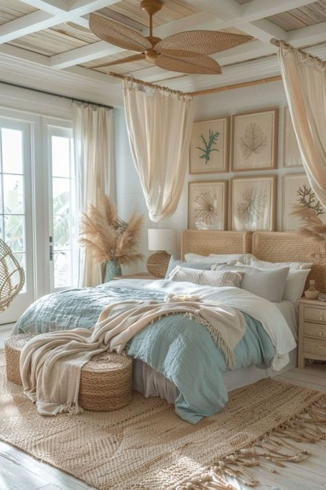 Vintage Furniture Painting, Modern Boho Room Ideas, Beach Theme Master Bed, Boho Beach Bedding, Bohemian Beach Bedroom Ideas, Boho Sheer Curtains, Ocean Boho Bedroom, Boho Beach Interior, Costal Cottage Bedroom Idea