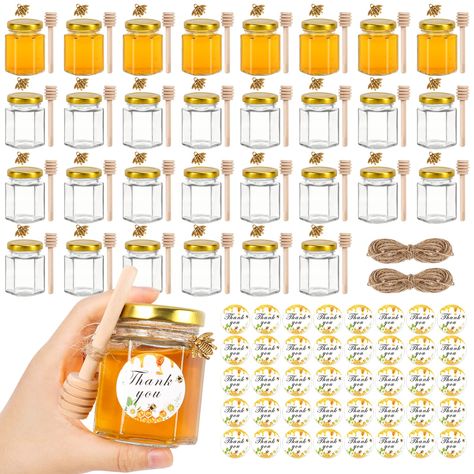 PRICES MAY VARY. ❀【THE COMPLETE SET】- Package includes 30pcs empty 3oz mini honey jars with gold sealing lids/ 30 wooden dippers/ 30 bee pendants/ 35 thankyou stickers and (about)16m jute twine, allowing you to contain honey conveniently. A great value set! ❀【REUSABLE FOOD GRADE GLASS】- These 3oz mini jars with lids are made of premium food grade glass, which is lead-free, 100% recyclable and non-toxic. The mini mason jars are applicable for jam, yogurt, honey, candies or use this reusable mini Honey Bee Baby Shower, Honey Jars, Baby Shower Gift Bags, Mini Mason Jars, Bee Baby Shower Theme, Canning Lids, Mini Jars, Wedding Shower Favors, Bee Baby Shower