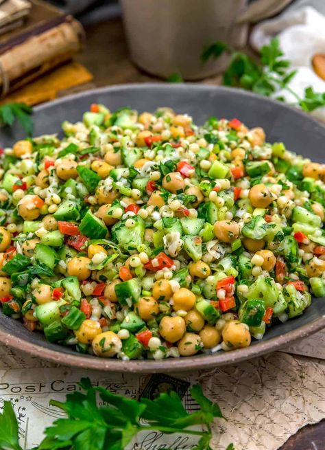 Bursting with flavor, this Easy Zaatar Couscous Salad combines couscous, chickpeas, veggies, and herbs tossed together in a zesty dressing. #wholefoodplantbased #vegan #oilfree #glutenfree #plantbased | monkeyandmekitchenadventures.com Tofu And Couscous, Couscous And Chickpeas Recipes, Plant Based Foods List, Starch Diet, Making Couscous, Monkey And Me Kitchen Adventures, Monkey And Me, Chicken Couscous, Oil Free Vegan Recipes