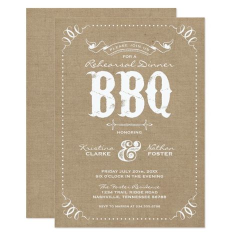 Burlap Rustic Vintage Chic Rehearsal Dinner BBQ Invitation Rehearsal#Chic#BBQ#Dinner Engagement Party Bbq, Engagement Party Vintage, Rustic Graduation Party, Bbq Rehearsal Dinner, Rustic Rehearsal Dinners, Vintage Graduation, Chic Birthday Party, Vintage Birthday Parties, Wedding Rehearsal Dinner Invitations