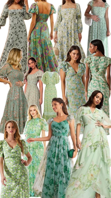 Floral Green Bridesmaids Dresses for garden party wedding, wildflower spring wedding inspiration aesthetic collage, green floral bridesmaid dress Green Floral Bridesmaid, Aesthetic Collage Green, Green Bridesmaids Dresses, Floral Bridesmaid Dress, Floral Bridesmaids, Floral Bridesmaid Dresses, Floral Bridesmaid, Spring Wedding Inspiration, Garden Party Dress