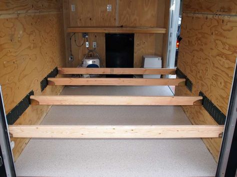 E-track racks and crossbars Enclosed Trailer E Track Ideas, 5x10 Cargo Trailer Conversion, Cargo Trailer Bed Ideas, Enclosed Trailer Bed Ideas, E Track Ideas, Cargo Trailer Tiny House Conversion, E Track Trailer Ideas, Enclosed Motorcycle Trailer, Trailer Shelving