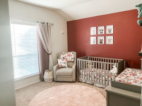 Dark Orange Nursery, Red Nursery Girl, Burgundy Nursery, Maroon Room, Burnt Orange Bedroom, Maroon Walls, Red Accent Wall, Red Nursery, Nursery Paint Colors