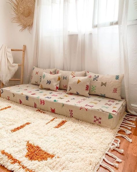 Boho Chic Living and All | Would you like a similar sofa  | Facebook Diy Floor Couch Ideas, No Sofa Living Room, Relaxation Room Decor, Low Seating Living Room, Japanese Floor Seating, Floor Sofa Living Room, Arabic Seating, Floor Cushion Couch, Floor Dining