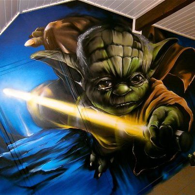 Love this via " Graffiti Cant Be Stopped " nice shit! want some? >> Wall Painting Mural, Star Wars Mural, Prehistoric Man, Painting Mural, Spoke Art, Master Yoda, Sidewalk Art, Bedroom Murals, Mural Ideas