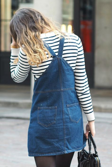 denim, pinafore dress, stripe, simple, casual, dungaree dress, ombre hair, style, fashion New Look Fashion, Denim Pinafore, Dungaree Dress, Jeans Outfits, Fashion Victim, Dress Inspiration, Covent Garden, Pinafore Dress, Fashion Winter