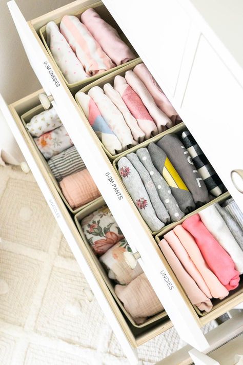 Baby Drawer Organization, Nursery Drawer Organization, Baby Dresser Organization, Nursery Organisation, Organization Nursery, Nursery Dresser Organization, Baby Room Closet, Elegant Nursery, Ikea Nursery