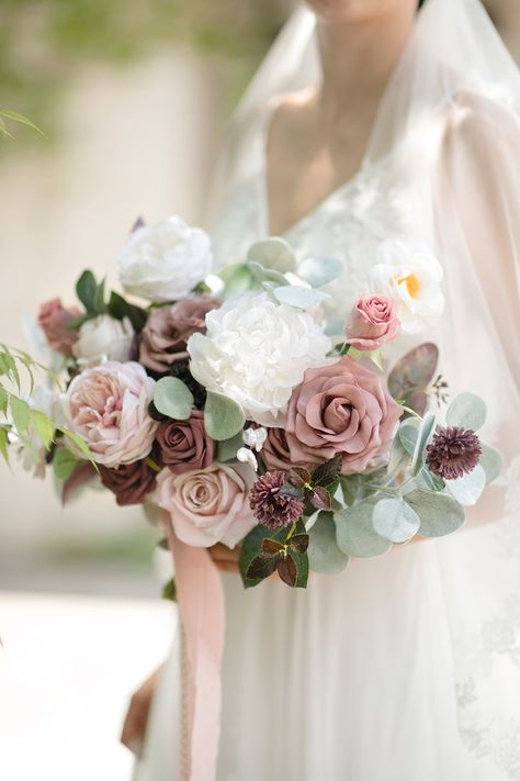 An elegant dusty rose and mauve wedding bouquet, perfect for vintage or French country weddings. Complete your bridal look today with Ling’s moment! Dusty Rose Mauve Wedding, Dusty Rose And Mauve Wedding, Mauve Wedding Decor, Mauve Wedding Bouquet, French Country Wedding, Mauve Wedding, Rose Bridal Bouquet, Handmade Bouquets, Dusty Rose Wedding