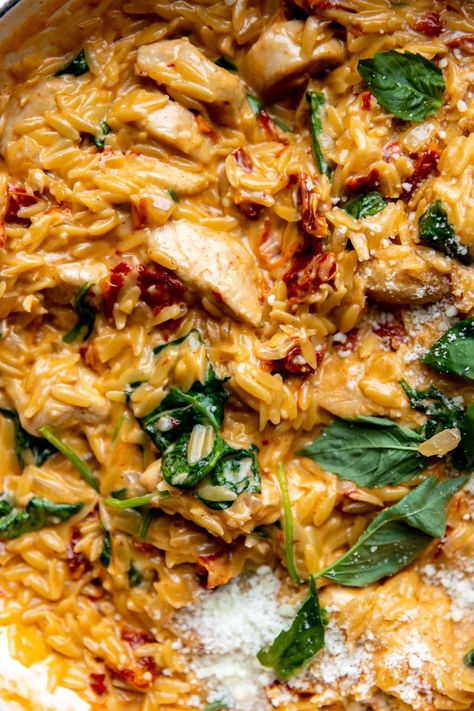 Tuscan Chicken Orzo, Chicken Orzo Pasta, Orzo Pasta Recipes, Sundried Tomato Chicken, Creamy Orzo, Tuscan Chicken Pasta, Creamy Tuscan Chicken, Seared Chicken, Orzo Recipes