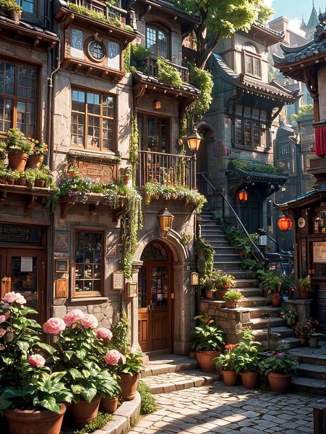 Fantasy Townhouse, Medieval Town Fantasy Art, Small Town World Building, Medieval City Landscape, Modern University, Medieval Town Background, Eso Housing, Alien City, Cottagecore Aesthetic Wallpaper