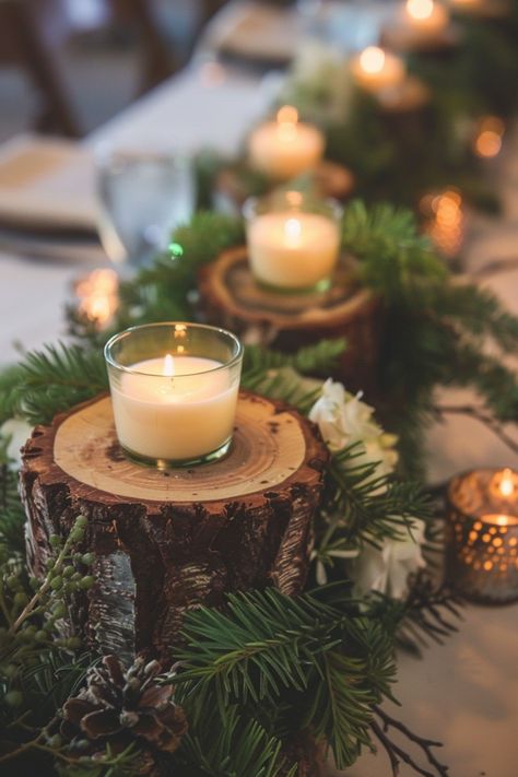 For a cozy, natural feel, rustic wedding centerpieces use elements like wood, burlap, and mason jars. See more ideas here. Pine Table Centerpiece, Cedar Wedding Decor, Pine Wedding Decor, Rustic Wedding Centerpiece Ideas, Driftwood Wedding Centerpieces, Diy Branch Centerpieces, Tin Can Centerpieces, Birch Bark Candles, Bucket Centerpiece