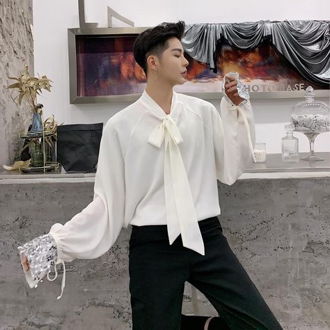 Ethereal Aesthetic Outfits, White Flowy Shirt, Black White Party, Gay Outfits, White Party Dress, Grad Outfits, Black White Parties, Prince Clothes, Stage Clothes