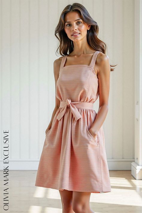 Its sleeveless design and square neckline offer a timeless elegance, while the tied waist cinches your silhouette gracefully. The flowing skirt, with its soft flare, cascades down like a waterfall of fabric, creating a romantic and ethereal aesthetic. This dress is not just an outfit; it's a celebration of femininity, a moment captured in fabric that whispers stories of sunny days and gentle breezes. Peach Sundress, Ethereal Aesthetic, Classy Casual Outfits, Flowing Skirt, Classy Casual, Olivia Mark, Square Neckline, Sunny Days, Sundress