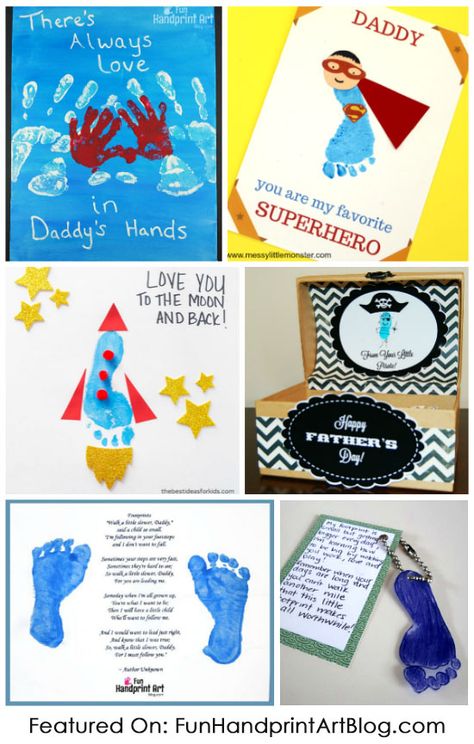 Collection of adorable Father’s Day handprint and footprint crafts made by kids using sweet poems and cute sayings about dads.#funhandprintartblog #handprintholidays #fathersday #makefordads #craftsforkids #crafty #footprint #handprintart #printablesforkids