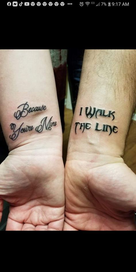 Truly Madly Deeply Tattoo, Western Couple Tattoo Ideas, Wife Husband Tattoo, Western Couples Tattoos, Wedding Tattoos His And Her, His And Her Tattoo Ideas Couple Tat, Husband Wife Tattoos Couple Tat, Matching Country Tattoos, Western Couple Tattoos