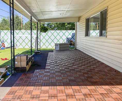 Here's how we installed IKEA Runnen tiles on our back porch.  Get all the scoop, as well as other DIY projects we've tacked in this space! Ikea Runnen Ideas, Ikea Runnen Decking, Runnen Ikea Ideas, Diy Outdoor Flooring, Ikea Deck Tiles, Ikea Runnen, Ikea Tiles, Tongue And Groove Porch, Porch Refresh