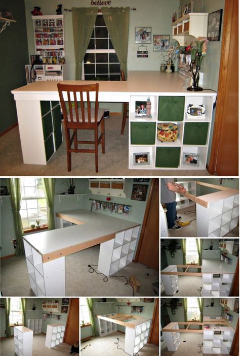 Diy Craft Desk, Diy Crafts Desk, Craft Tables With Storage, Craft Table Diy, Sewing Room Design, Dream Craft Room, Craft Room Design, Sewing Room Organization, Quilting Room