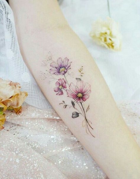 Gorgeous Flower Tattoo, Watercolour Floral Tattoo, Cosmos Flower Tattoos, Cosmos Tattoo Flower, Watercolour Flower Tattoo, Cosmos Tattoo, Carnation Tattoo, Floral Tattoo Shoulder, Rose Shoulder Tattoo