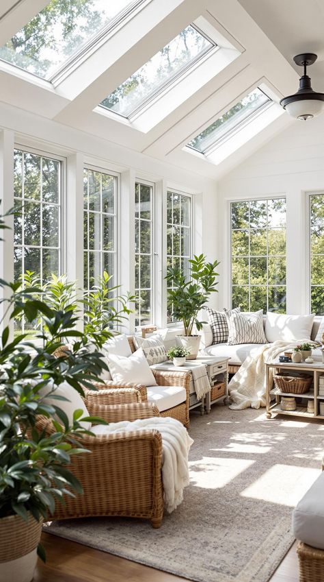 Modern Farmhouse Interior All Season Room Addition Farmhouse, Cozy Sunroom Furniture, Sunroom Inspiration Farmhouse, House With Sunroom Exterior, Sun Room Furniture, Sunroom Addition Exterior, Sunroom Seating Ideas, Sunroom Ideas Plants, Interior Sunroom Ideas