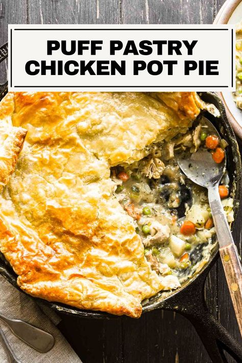 This Puff Pastry Chicken Pot Pie is a wonderfully delicious and hearty recipe. Made with rotisserie chicken, potatoes, mirepoix, and plenty of garlic and herbs, topped with flaky buttery store-bought puff pastry crust. It’s perfect to feed a hungry crowd, and truly the perfect comfort food. Chicken Pot Pie Puff Pastry Frozen Vegetables, Pot Pie With Puff Pastry, Pie With Puff Pastry, Puff Pastry Chicken, Easy Chicken Pot Pie Recipe, Creamy Chicken Pot Pie, Chicken Pot Pie Filling, Pepperidge Farm Puff Pastry, Homemade Chicken Pot Pie