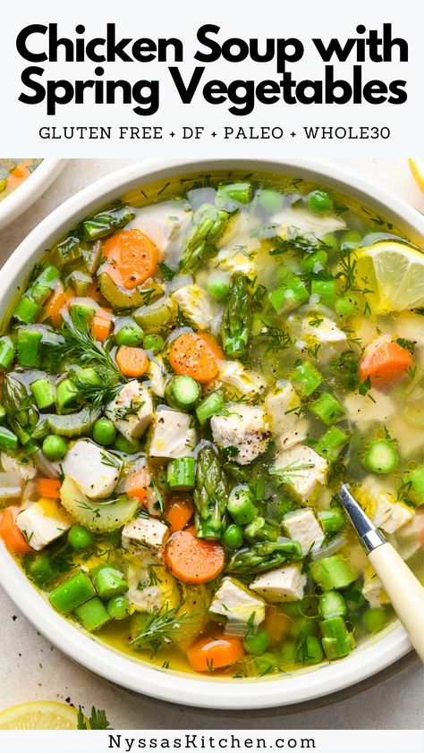 Chicken soup with spring vegetables is a delicious, nutrient dense soup that bridges the gap between the chilly days of winter and the fresh produce of springtime. Made with all the veggies you love in a traditional chicken soup, with the addition of peas, asparagus, fresh dill, and a burst of bright lemon juice. Protein rich and so satisfying! Whole30, paleo friendly, gluten free, and dairy free. Spring Soup Recipes, Spring Soups, Inflammation Recipes, Homemade Chicken Soup, Hearty Soup, Whole30 Recipes, Anti Inflammation, Veggie Soup, Spring Vegetables