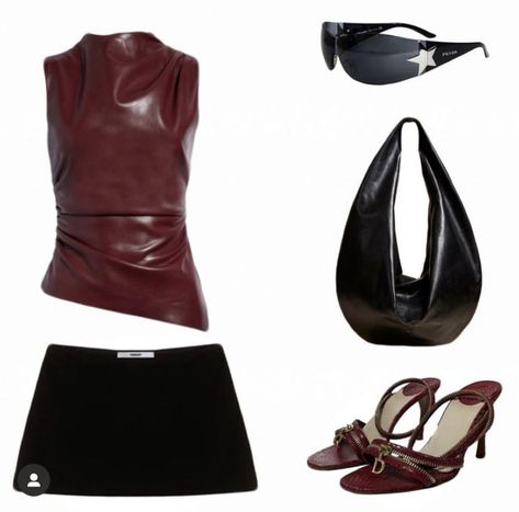 Leather Tank Top Outfit, Leather Top Outfit, Red Top Outfit, Dior By John Galliano, Black Skirt Outfits, Tank Air, Red Season, Bag Prada, Faux Leather Top